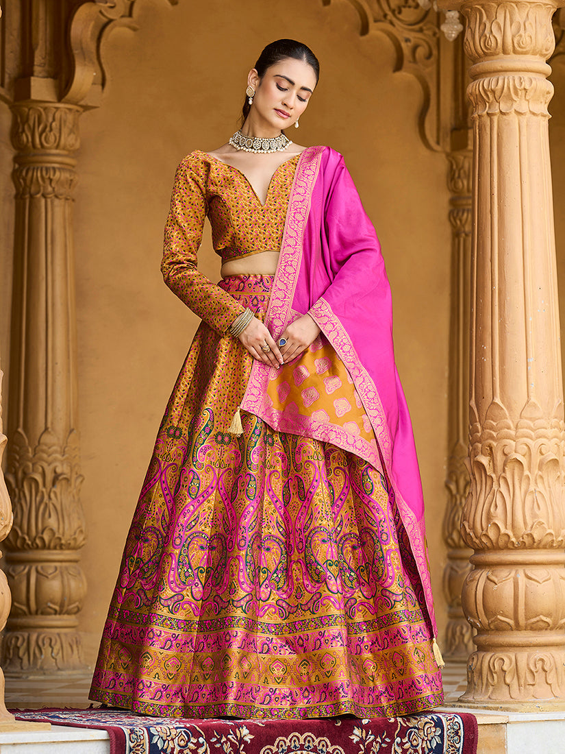 Monjolika Fashion Yellow Kanjivaram Jacquard Designer Lehenga Choli For Ceremonial