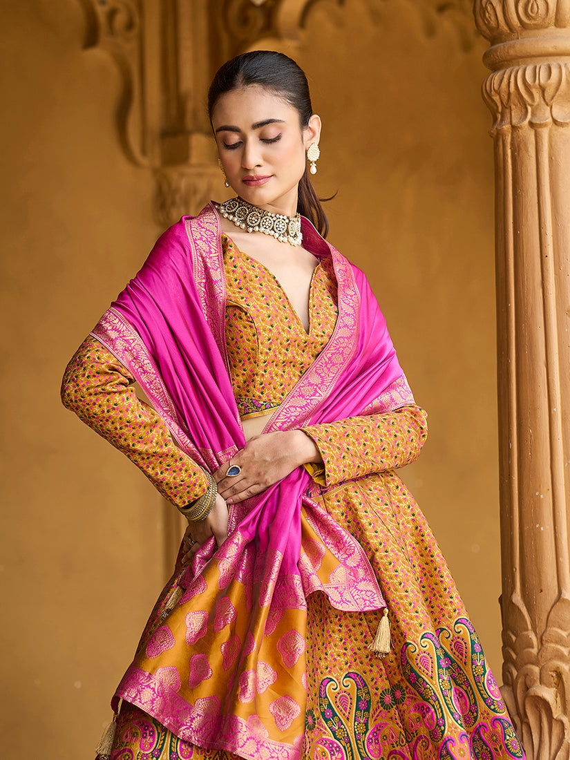 Monjolika Fashion Yellow Kanjivaram Jacquard Designer Lehenga Choli For Ceremonial