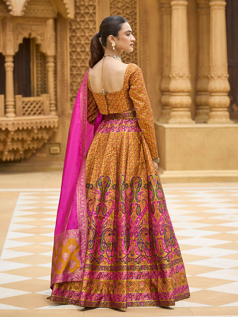 Monjolika Fashion Yellow Kanjivaram Jacquard Designer Lehenga Choli For Ceremonial
