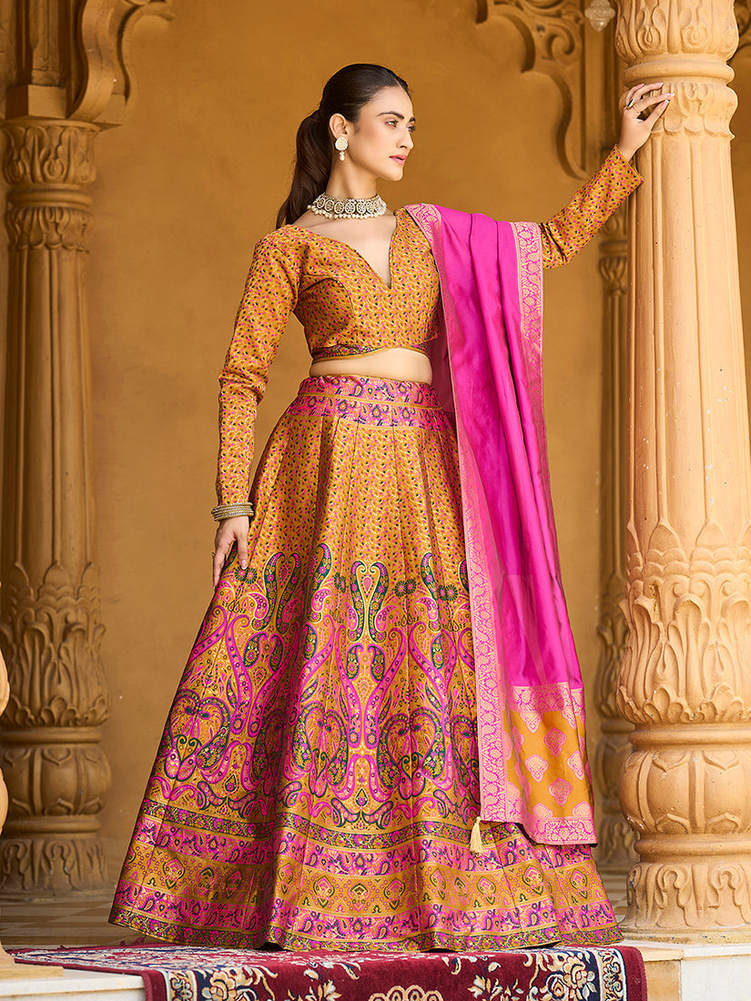 Monjolika Fashion Yellow Kanjivaram Jacquard Designer Lehenga Choli For Ceremonial