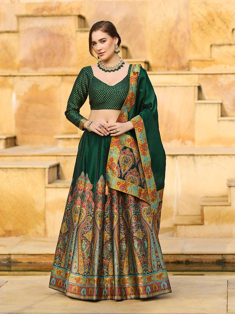 Monjolika Fashion Dark Green Color Jacquard Designer Work Lehenga Choli For Ceremonial - Distacart