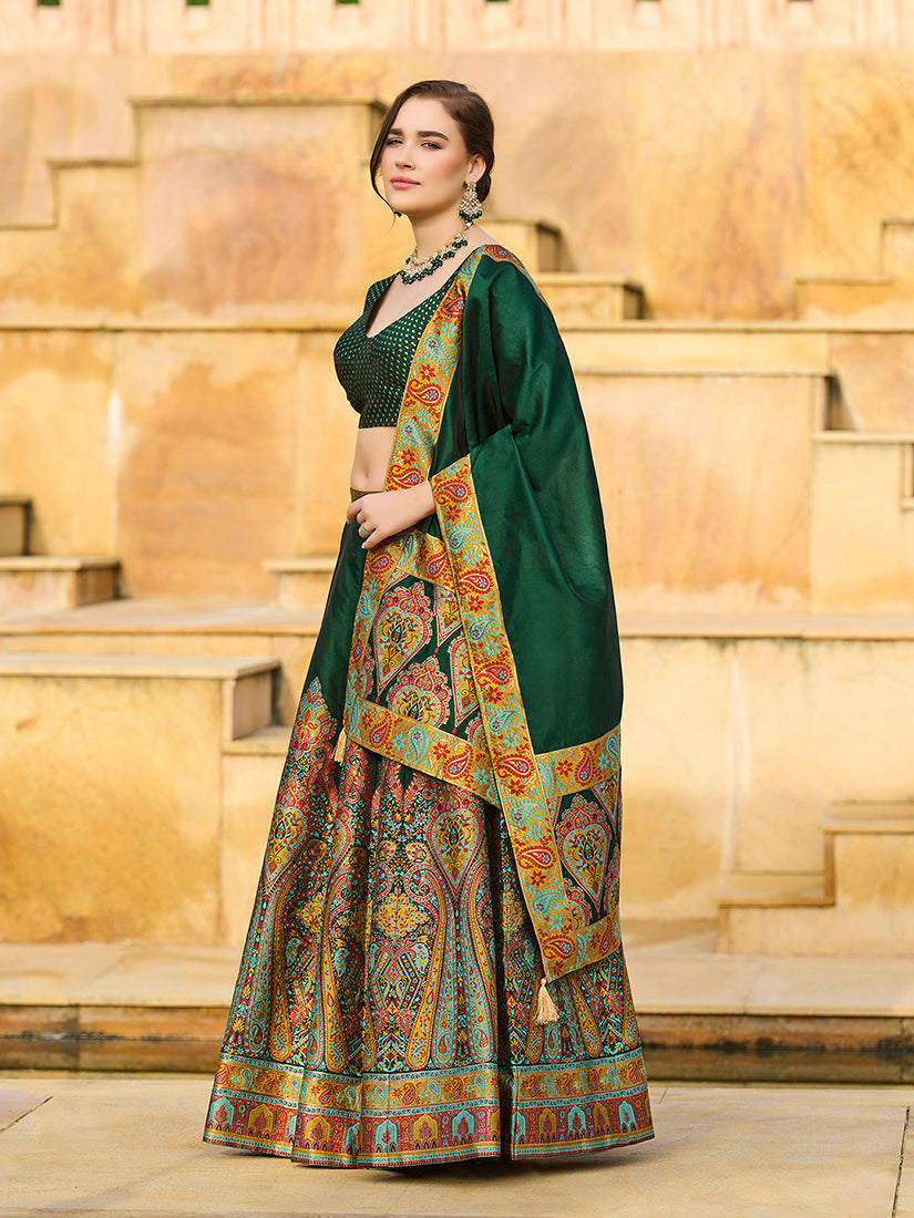Monjolika Fashion Dark Green Color Jacquard Designer Work Lehenga Choli For Ceremonial - Distacart