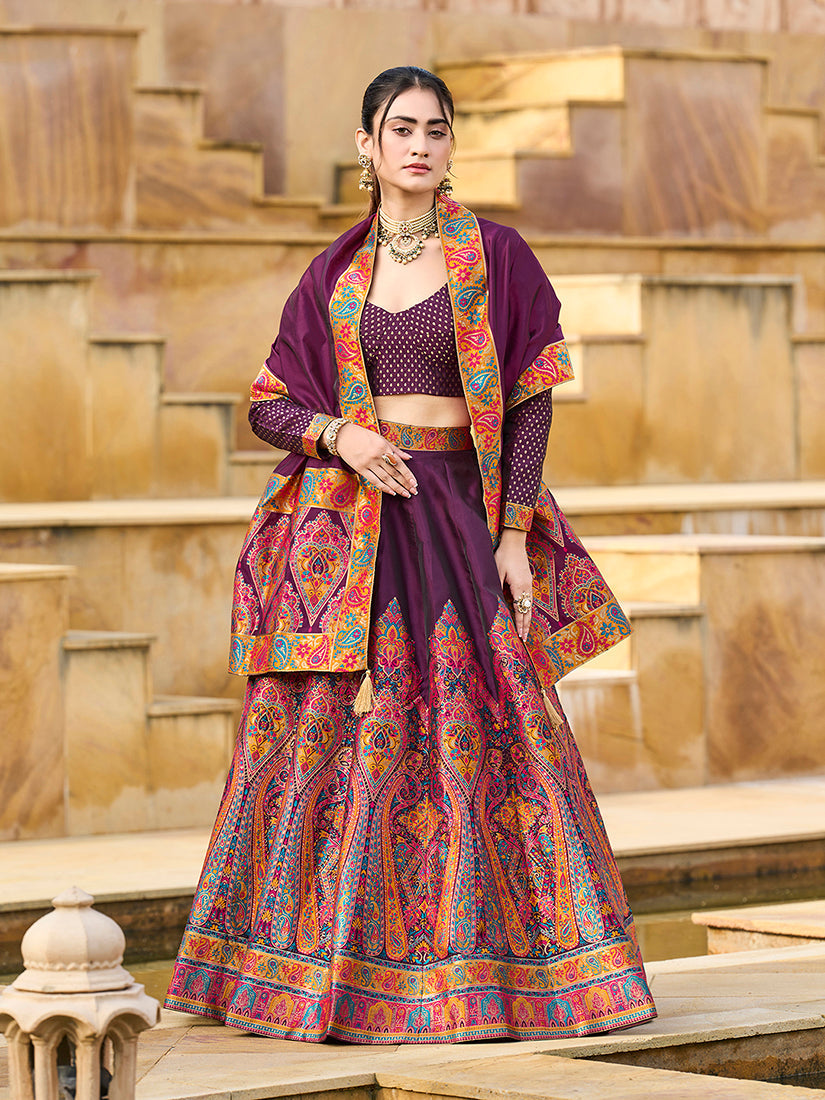 Monjolika Fashion Wine Color Jacquard Designer Work Lehenga Choli For Ceremonial