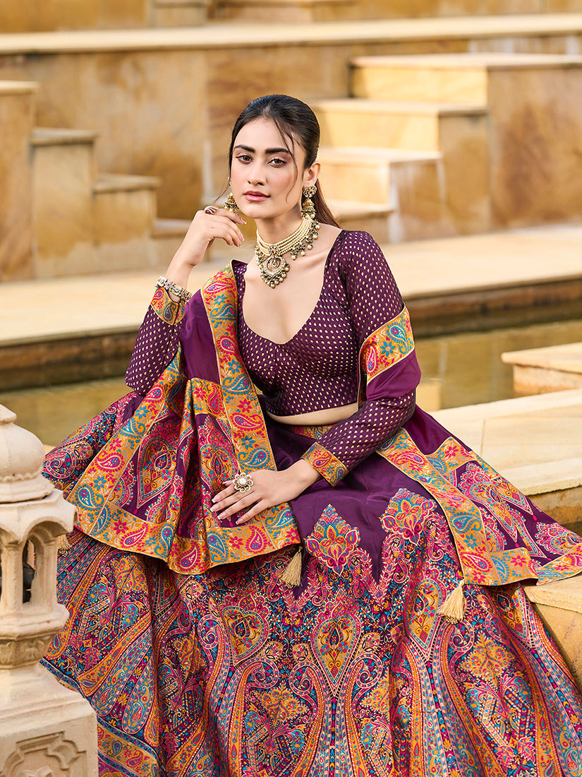 Monjolika Fashion Wine Color Jacquard Designer Work Lehenga Choli For Ceremonial