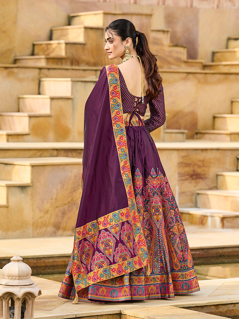 Monjolika Fashion Wine Color Jacquard Designer Work Lehenga Choli For Ceremonial