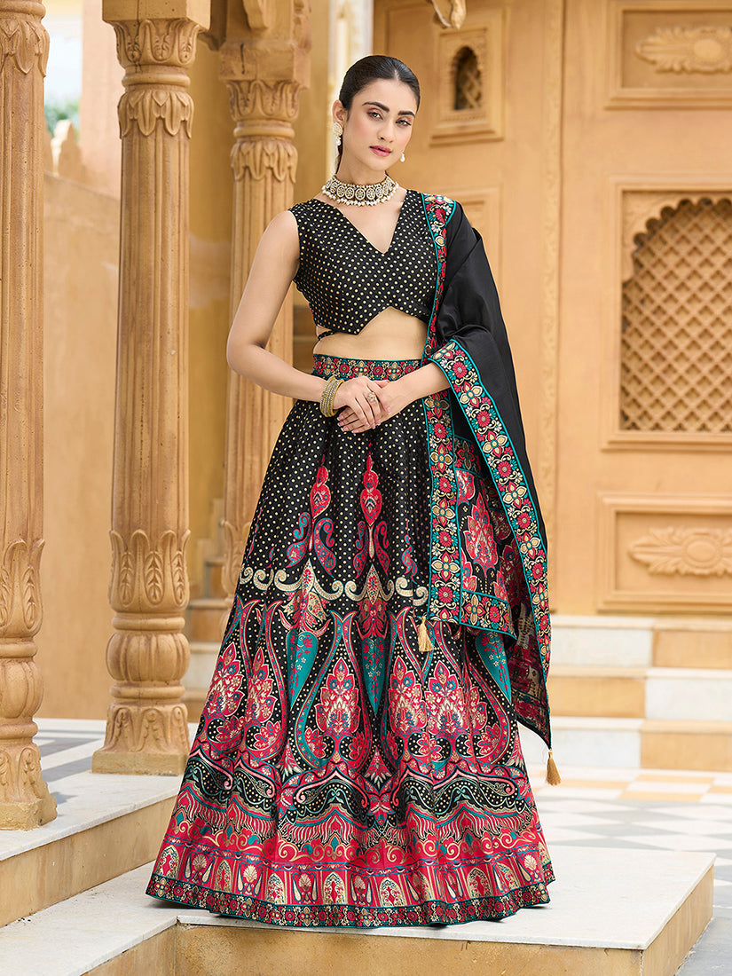 Monjolika Fashion Charming Black Color Jacquard Lehenga Choli With Dupatta - Distacart