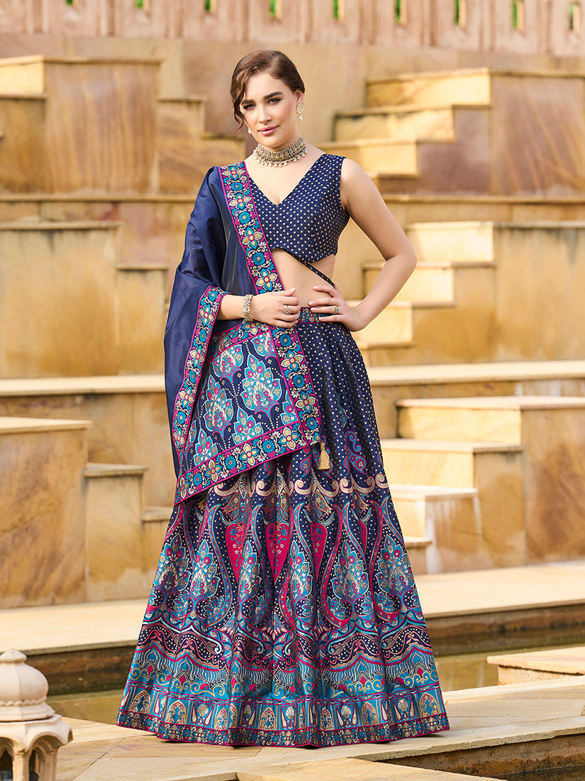 Monjolika Fashion Charming Navy Blue Color Jacquard Lehenga Choli With Dupatta - Distacart