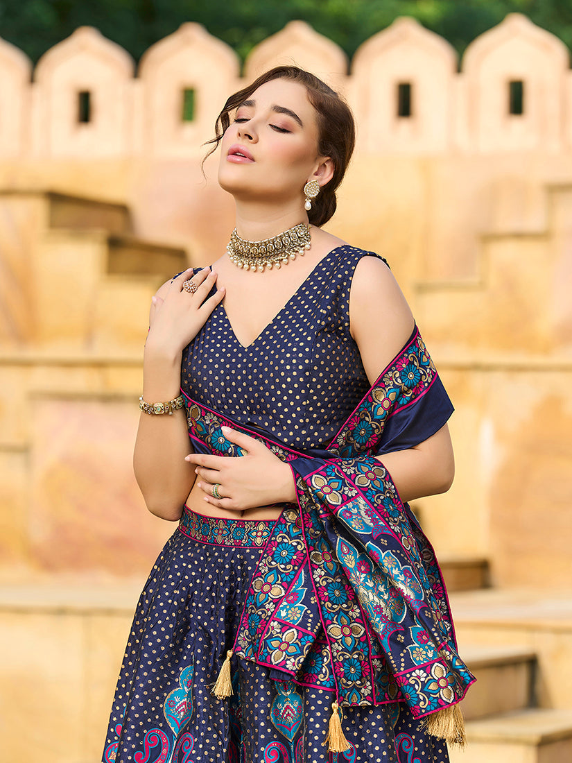 Monjolika Fashion Charming Navy Blue Color Jacquard Lehenga Choli With Dupatta - Distacart