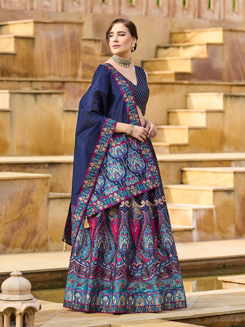 Monjolika Fashion Charming Navy Blue Color Jacquard Lehenga Choli With Dupatta - Distacart