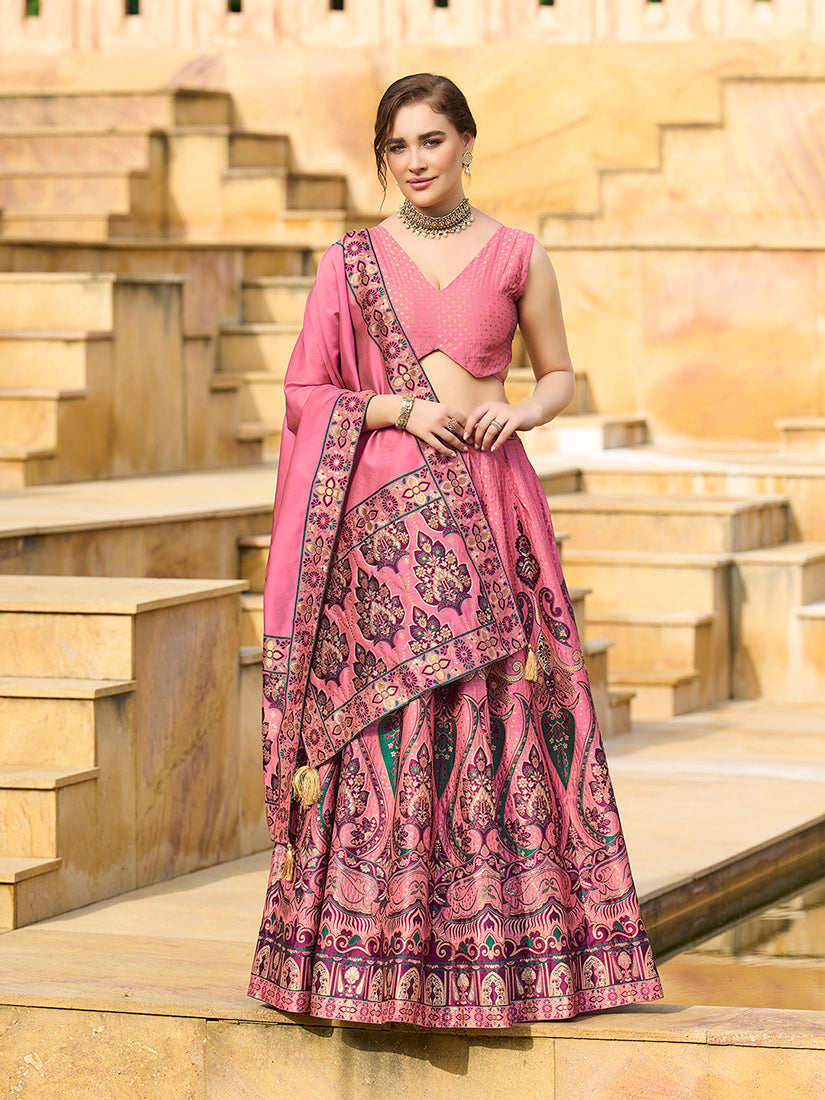 Monjolika Fashion Charming Pink Color Jacquard Lehenga Choli With Dupatta - Distacart