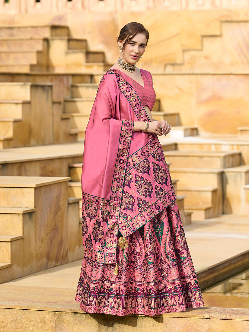 Monjolika Fashion Charming Pink Color Jacquard Lehenga Choli With Dupatta - Distacart