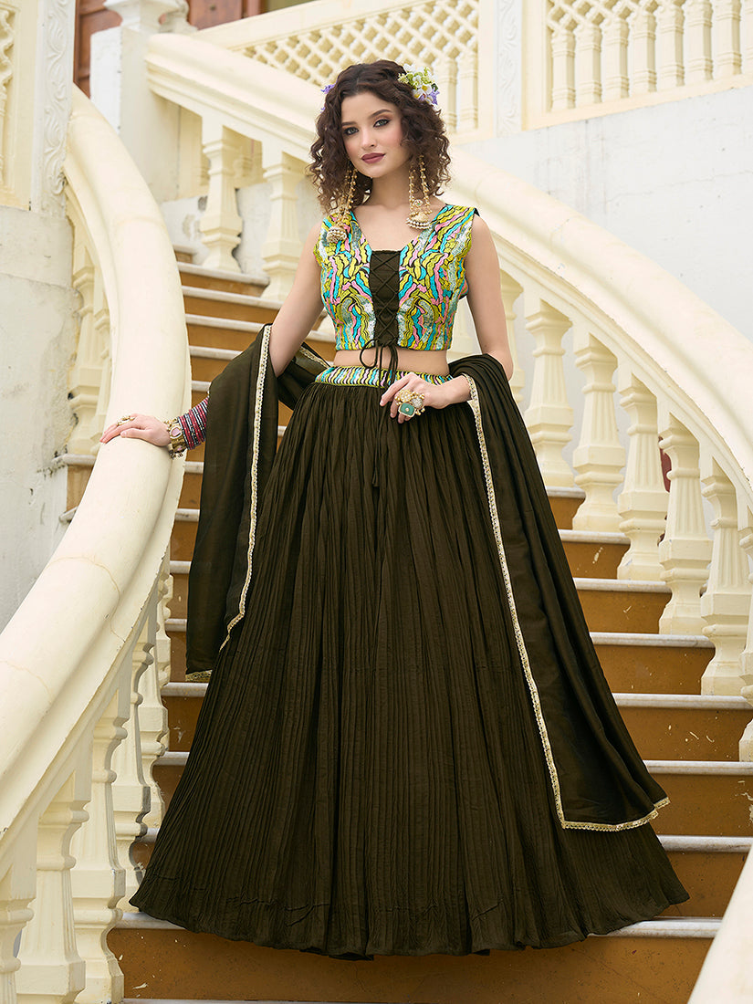 Monjolika Fashion Designer Lehenga Choli Crush Silk In Olive Green - Distacart
