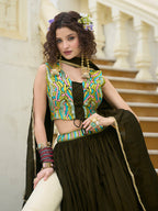 Monjolika Fashion Designer Lehenga Choli Crush Silk In Olive Green - Distacart
