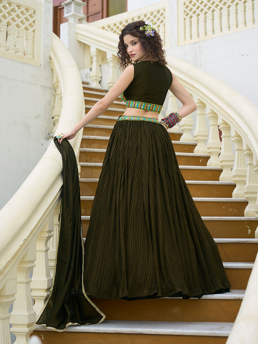 Monjolika Fashion Designer Lehenga Choli Crush Silk In Olive Green - Distacart