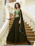 Monjolika Fashion Designer Lehenga Choli Crush Silk In Olive Green - Distacart