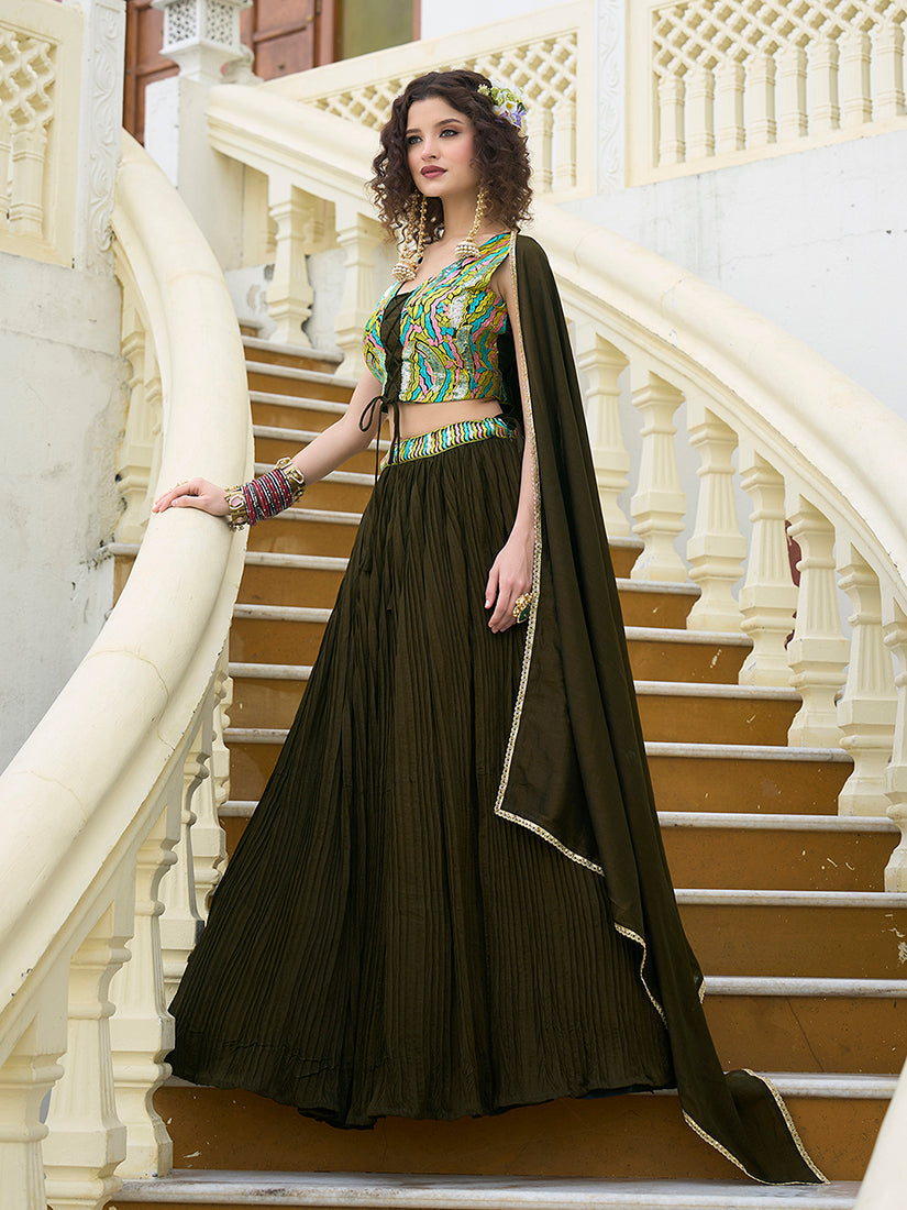 Monjolika Fashion Designer Lehenga Choli Crush Silk In Olive Green - Distacart