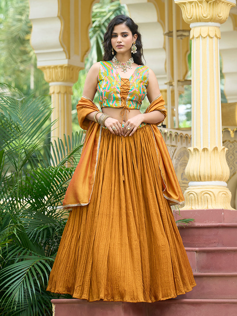 Monjolika Fashion Designer Lehenga Choli Crush Silk In Mustard - Distacart