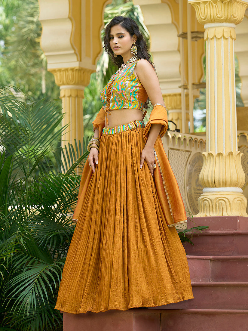 Monjolika Fashion Designer Lehenga Choli Crush Silk In Mustard - Distacart