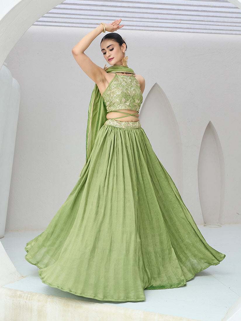 Monjolika Fashion Light Green Festive Look With Silk Crush Lehenga Choli - Distacart