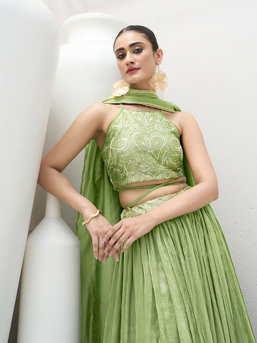 Monjolika Fashion Light Green Festive Look With Silk Crush Lehenga Choli - Distacart
