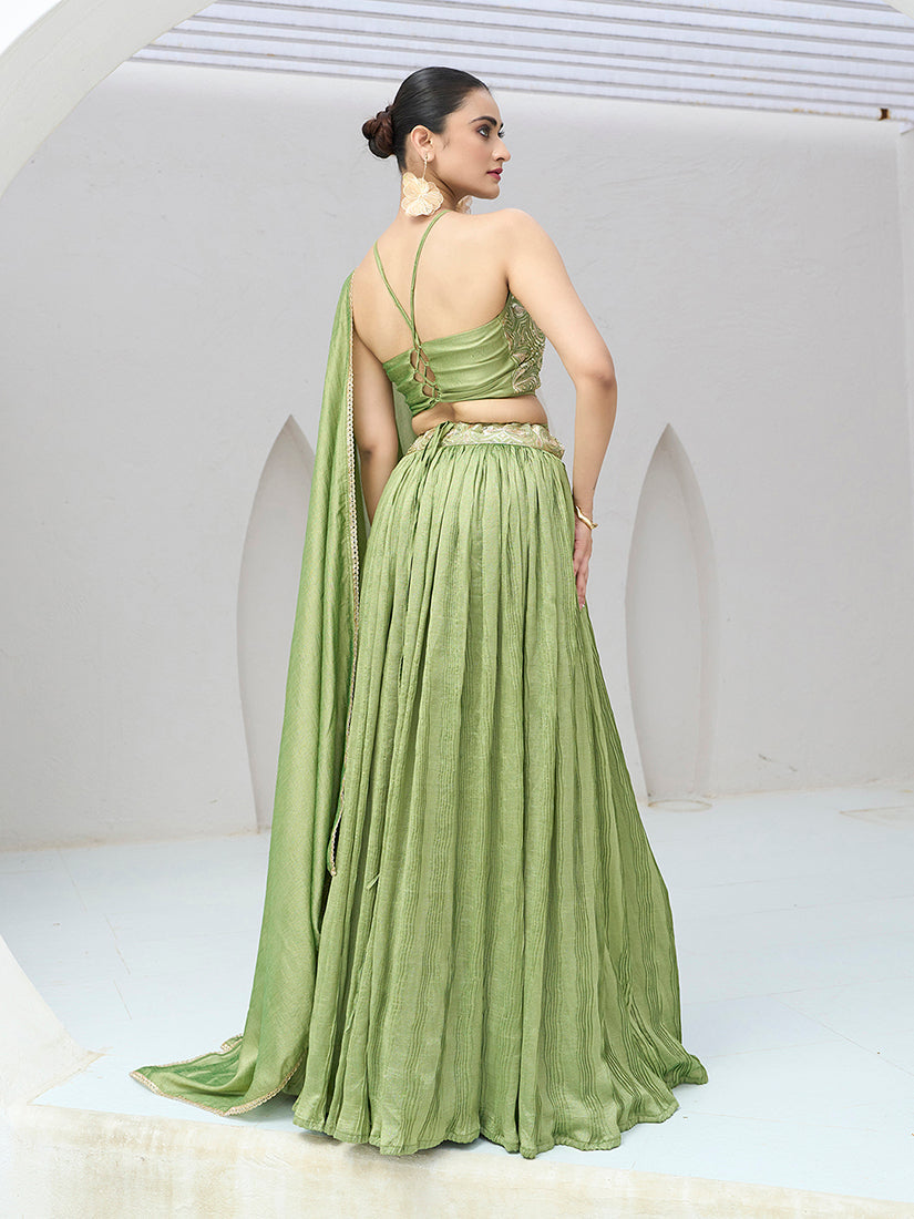 Monjolika Fashion Light Green Festive Look With Silk Crush Lehenga Choli - Distacart