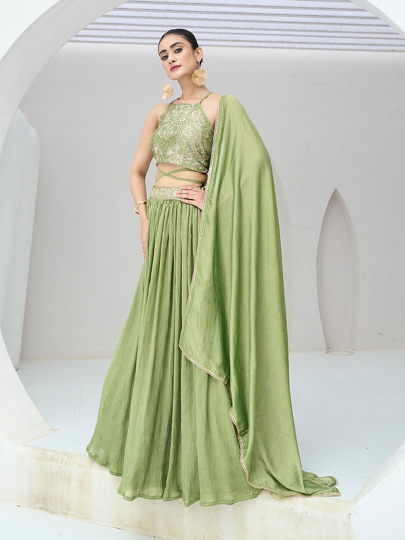 Monjolika Fashion Light Green Festive Look With Silk Crush Lehenga Choli - Distacart