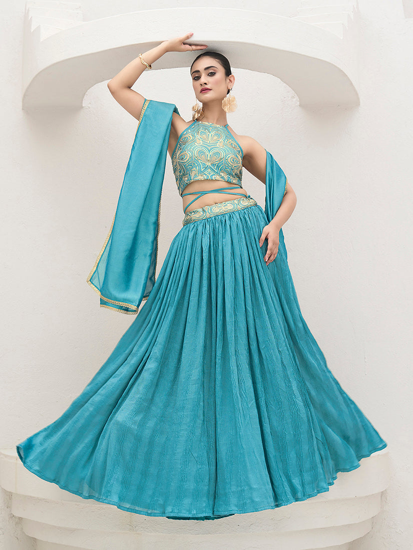 Monjolika Fashion Sky Blue Festive Look With Silk Crush Lehenga Choli - Distacart
