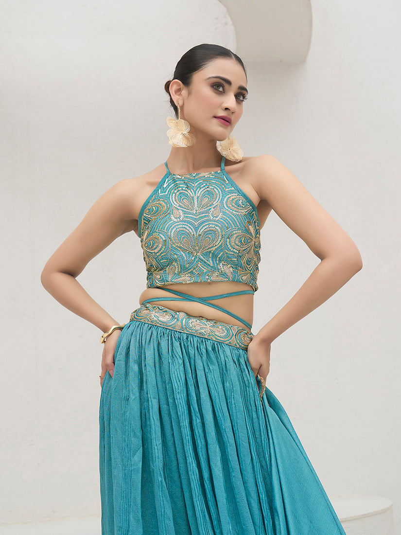 Monjolika Fashion Sky Blue Festive Look With Silk Crush Lehenga Choli - Distacart