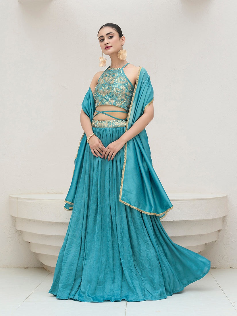 Monjolika Fashion Sky Blue Festive Look With Silk Crush Lehenga Choli - Distacart