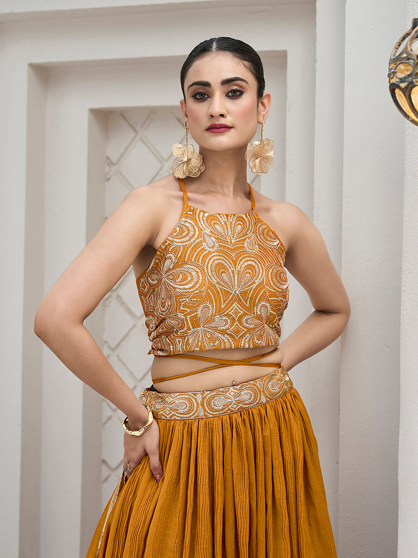 Monjolika Fashion Mustard Festive Look With Silk Crush Lehenga Choli - Distacart