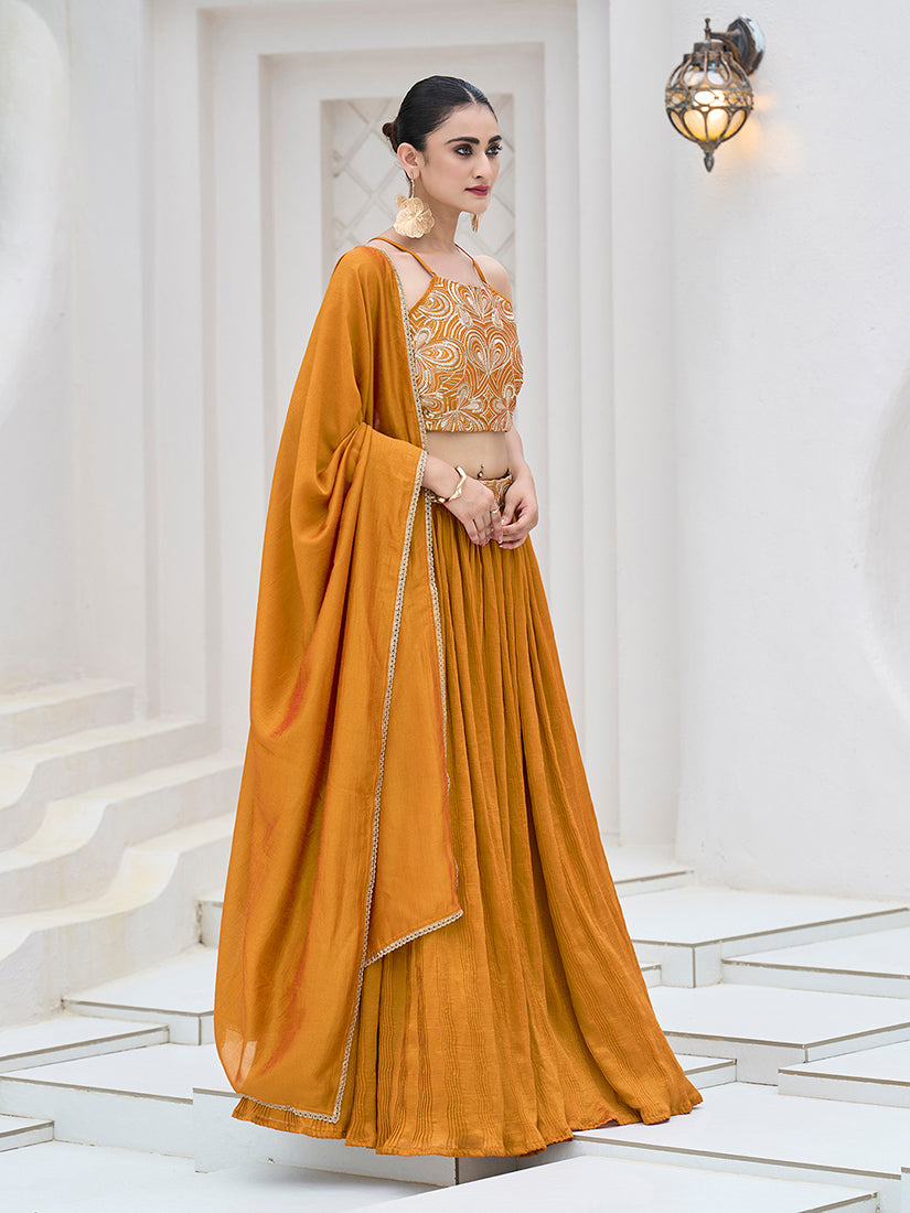 Monjolika Fashion Mustard Festive Look With Silk Crush Lehenga Choli - Distacart
