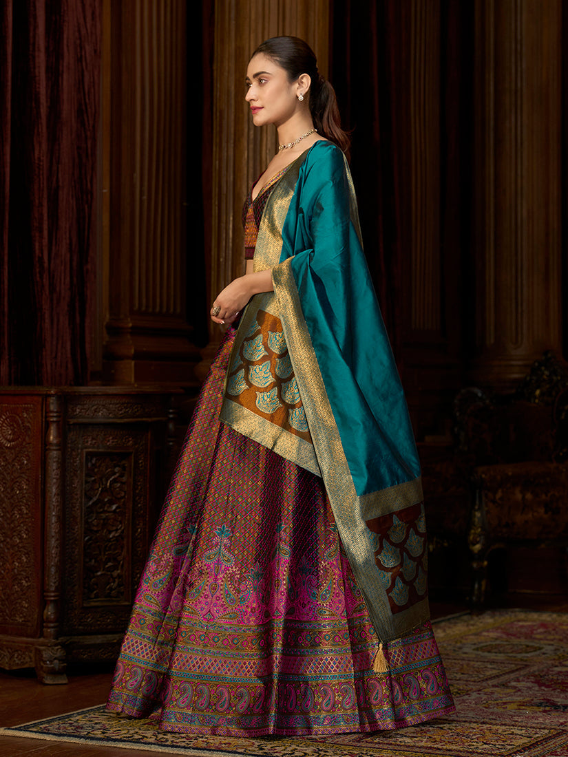Monjolika Fashion Brown Kanjivaram Silk Jacquard Woven Trendy Lehenga Choli
