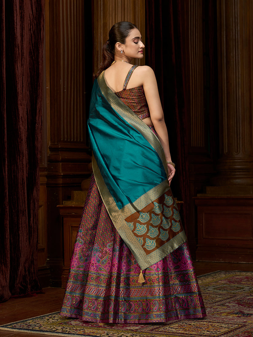 Monjolika Fashion Brown Kanjivaram Silk Jacquard Woven Trendy Lehenga Choli