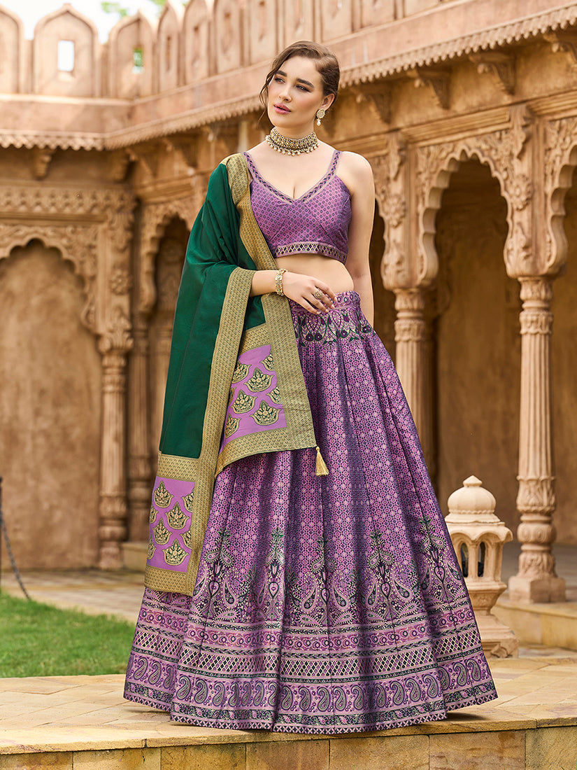 Monjolika Fashion Purple Kanjivaram Silk Jacquard Woven Trendy Lehenga Choli - Distacart