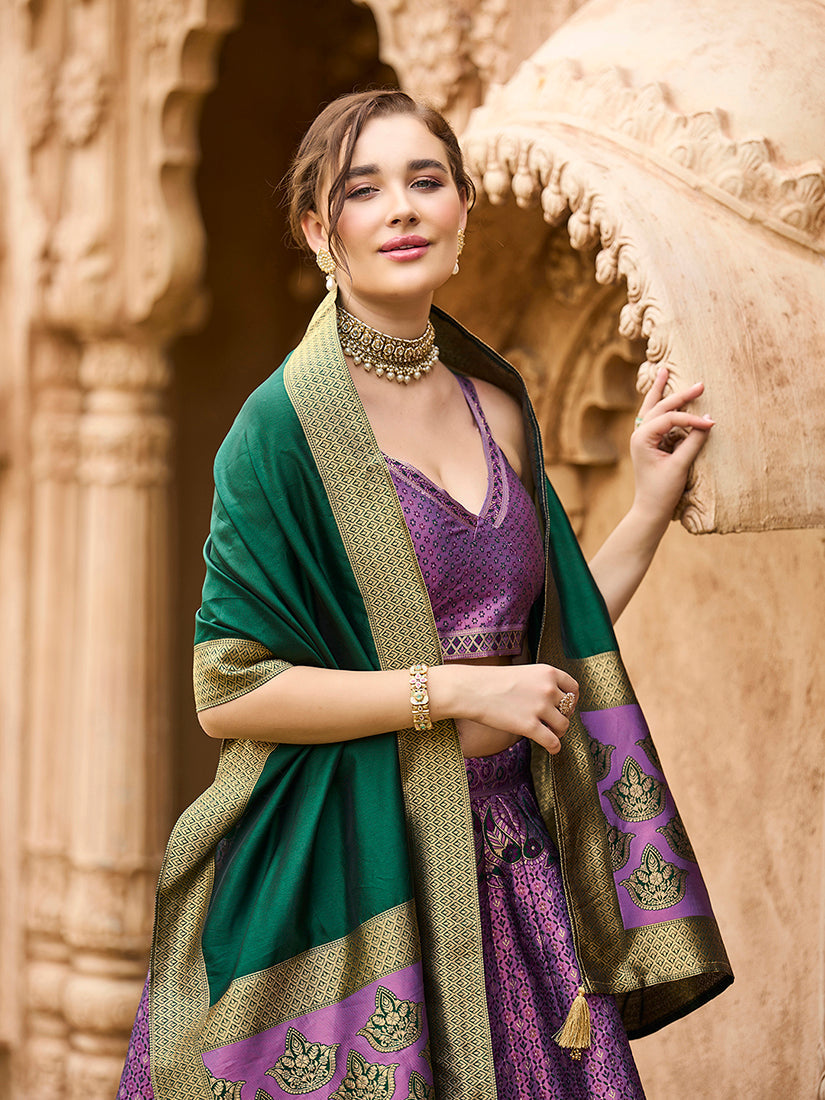 Monjolika Fashion Purple Kanjivaram Silk Jacquard Woven Trendy Lehenga Choli - Distacart