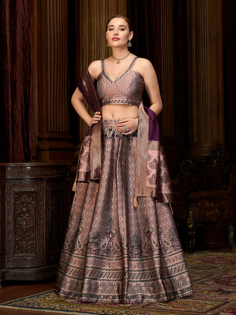 Monjolika Fashion Rose Pink Kanjivaram Silk Jacquard Woven Trendy Lehenga Choli - Distacart