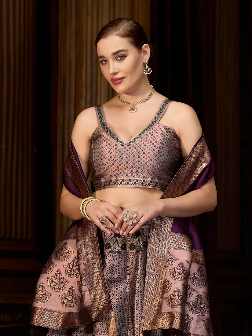 Monjolika Fashion Rose Pink Kanjivaram Silk Jacquard Woven Trendy Lehenga Choli - Distacart