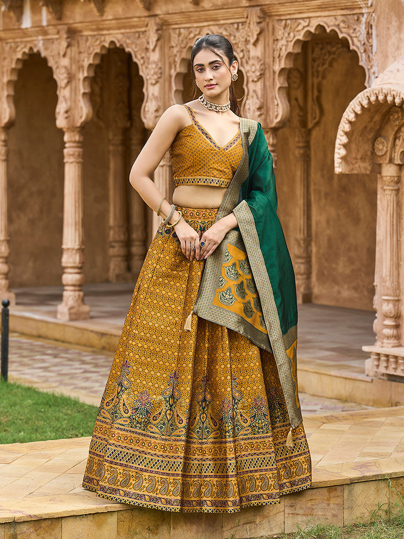 Monjolika Fashion Yellow Kanjivaram Silk Jacquard Woven Trendy Lehenga Choli - Distacart
