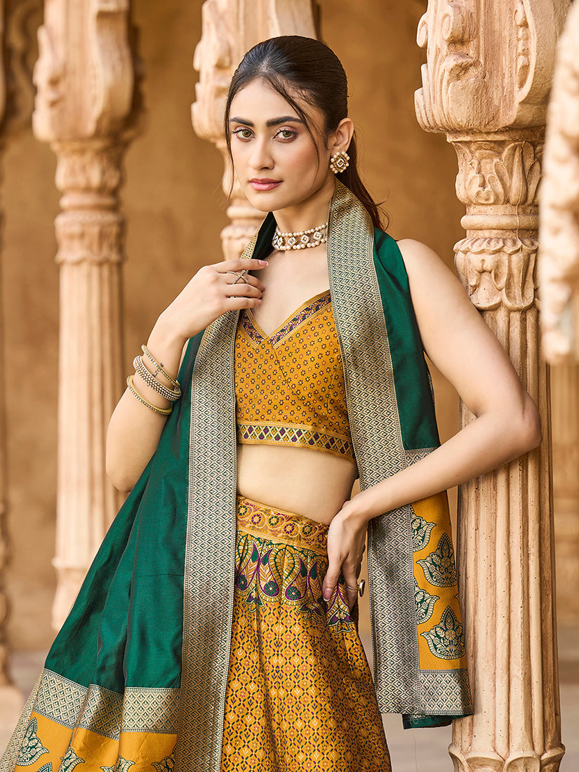 Monjolika Fashion Yellow Kanjivaram Silk Jacquard Woven Trendy Lehenga Choli - Distacart
