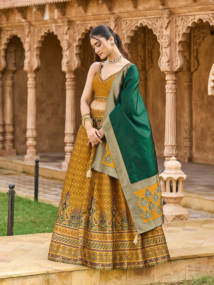 Monjolika Fashion Yellow Kanjivaram Silk Jacquard Woven Trendy Lehenga Choli - Distacart