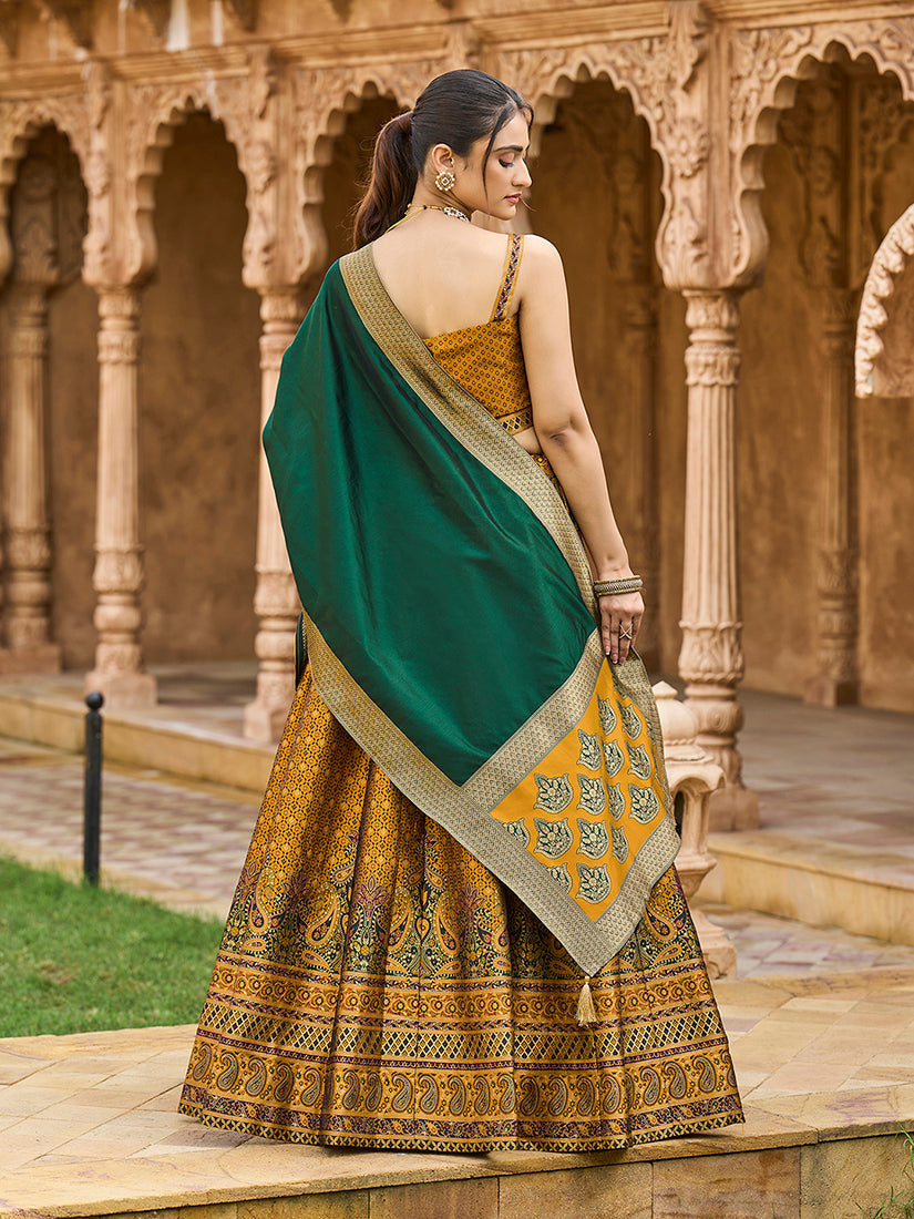 Monjolika Fashion Yellow Kanjivaram Silk Jacquard Woven Trendy Lehenga Choli - Distacart