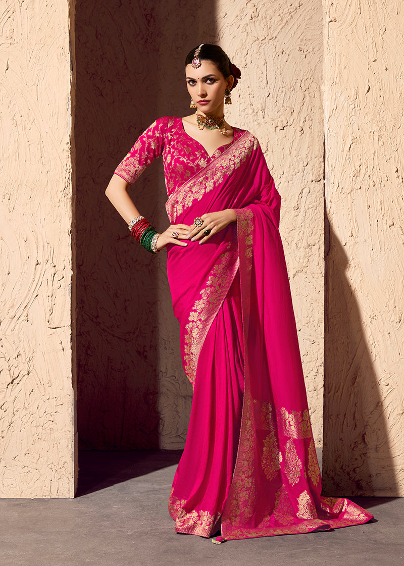 Monjolika Fashion Rani Pink Crepe Georgette Zari Weaving Work Saree - Distacart