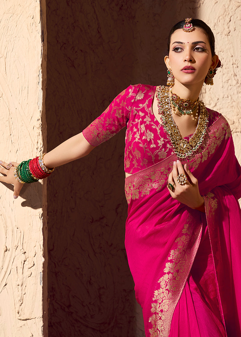 Monjolika Fashion Rani Pink Crepe Georgette Zari Weaving Work Saree - Distacart