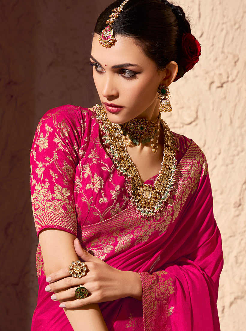 Monjolika Fashion Rani Pink Crepe Georgette Zari Weaving Work Saree - Distacart