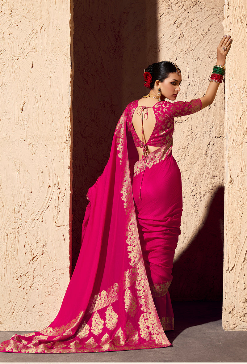 Monjolika Fashion Rani Pink Crepe Georgette Zari Weaving Work Saree - Distacart