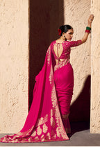 Monjolika Fashion Rani Pink Crepe Georgette Zari Weaving Work Saree - Distacart