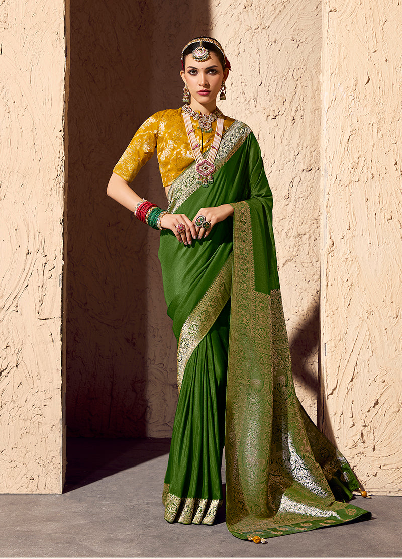 Monjolika Fashion Green Crepe Georgette Zari Weaving Work Saree - Distacart