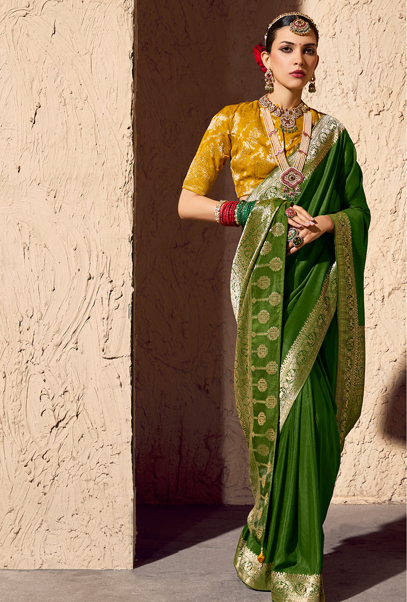 Monjolika Fashion Green Crepe Georgette Zari Weaving Work Saree - Distacart