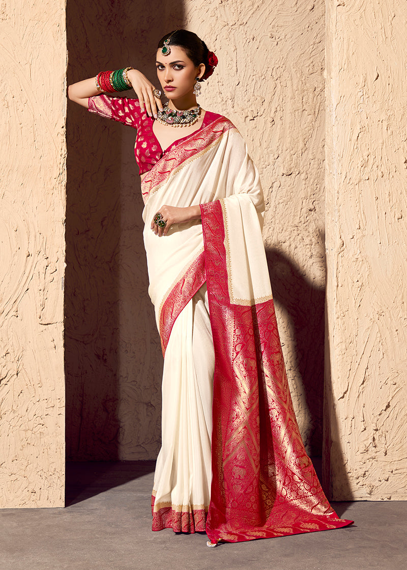 Monjolika Fashion Off White Crepe Georgette Zari Weaving Work Saree - Distacart