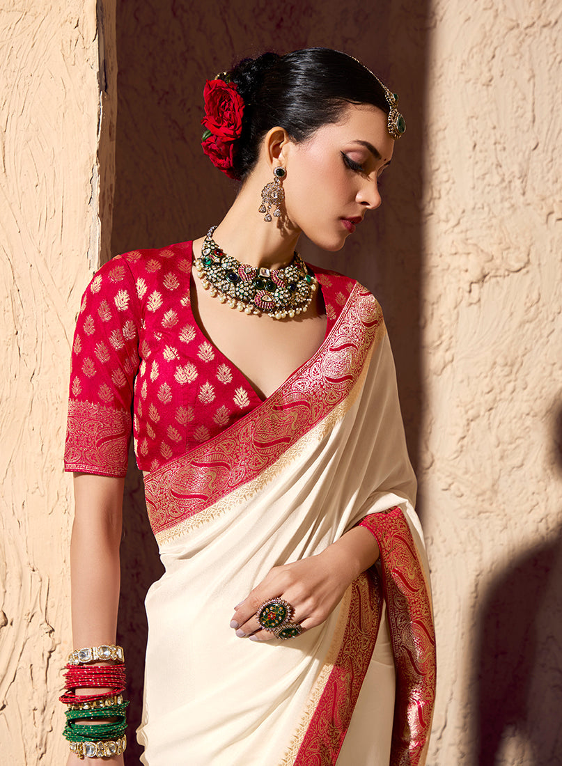 Monjolika Fashion Off White Crepe Georgette Zari Weaving Work Saree - Distacart